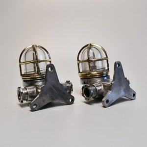 Authentic Vintage Pair Small Aluminium Nautical Bulkhead Lights with Brass Cage