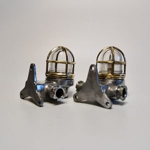 Authentic Vintage Pair Small Aluminium Nautical Bulkhead Lights with Brass Cage