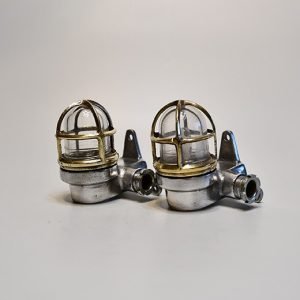 Authentic Vintage Pair Small Aluminium Nautical Bulkhead Lights with Brass Cage