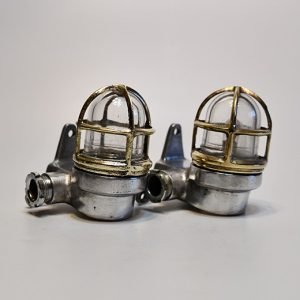Authentic Vintage Pair Small Aluminium Nautical Bulkhead Lights with Brass Cage