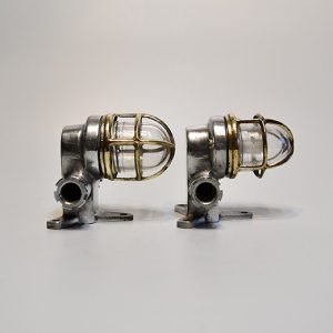 Authentic Vintage Pair Small Aluminium Nautical Bulkhead Lights with Brass Cage