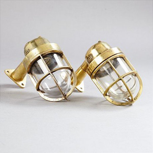 - 2 salvaged cast brass bulkhead wall lights nautical lights sl 000126 Authentic Salvaged Brass Bulkhead Wall Lights Pair