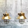 Authentic Vintage Pair Brass Nautical Cap Hanging Pendant Lights