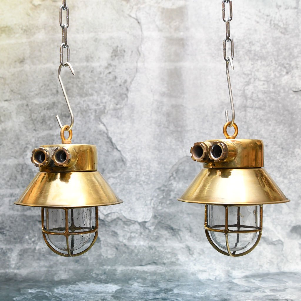 - 2st cap lamp hanging sl 351 Authentic Vintage Pair Brass Nautical Cap Hanging Pendant Lights