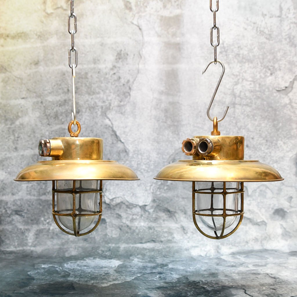 - 2st ceiling hanging brass cap light sl 389 Pair of Vintage Brass Cap Nautical Pendant Lights – Cargo Ship Salvage