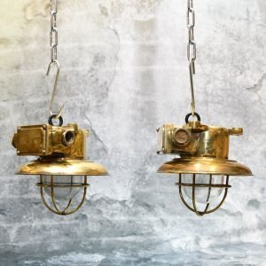 Authentic Vintage Pair Brass Nautical Passageway Pendant Lights