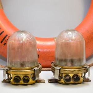 Authentic Vintage Pair Brass Nautical Ship Security Lights with Ribbed Glass