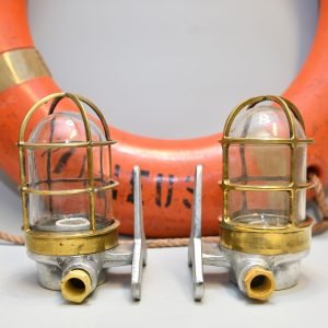 Authentic Vintage Pair Brass Caged Nautical Post Lights with Aluminium Mounts