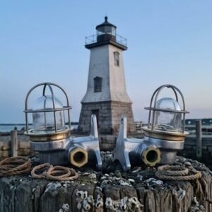 - Alulamp 1 Authentic Vintage Pair Small Aluminium Nautical Bulkhead Lights with Brass Cage