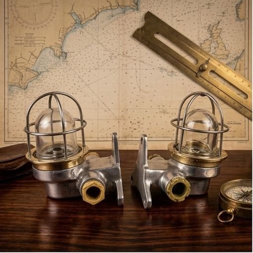 - Alulamp 2 Authentic Vintage Pair Small Aluminium Nautical Bulkhead Lights with Brass Cage