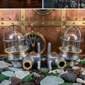 - Alulamp 3 Authentic Vintage Pair Small Aluminium Nautical Bulkhead Lights with Brass Cage