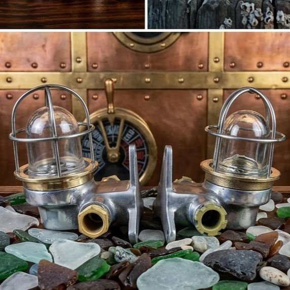 - Alulamp 3 Authentic Vintage Pair Small Aluminium Nautical Bulkhead Lights with Brass Cage