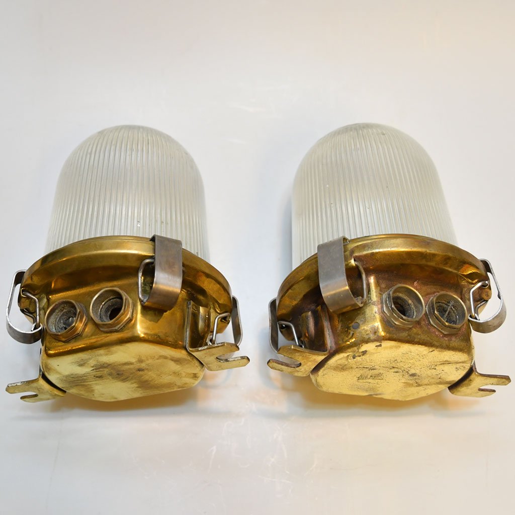 - DSC 4274 Authentic Vintage Pair Brass Nautical Ship Security Lights with Ribbed Glass