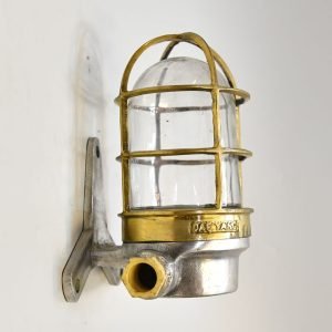 Authentic Vintage Pair Brass Caged Nautical Post Lights with Aluminium Mounts