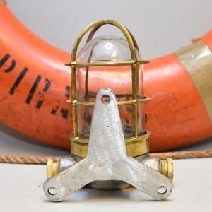 Authentic Vintage Pair Brass Caged Nautical Post Lights with Aluminium Mounts