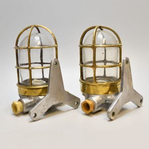 Authentic Vintage Pair Brass Caged Nautical Post Lights with Aluminium Mounts