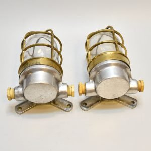 Authentic Vintage Pair Brass Caged Nautical Post Lights with Aluminium Mounts