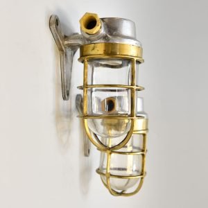 Authentic Vintage Pair Brass Caged Nautical Post Lights with Aluminium Mounts