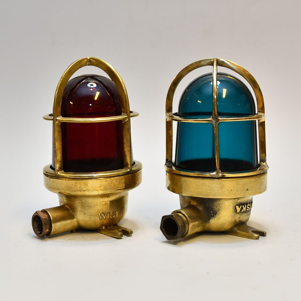 - DSC 4629 Authentic Vintage Pair Wiska Brass Industrial Sconce Lights Red and Green
