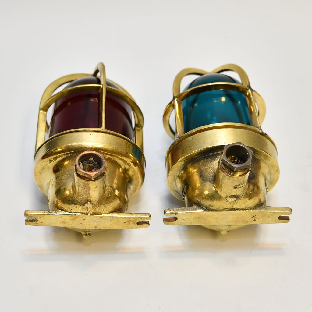 - DSC 4630 Authentic Vintage Pair Wiska Brass Industrial Sconce Lights Red and Green