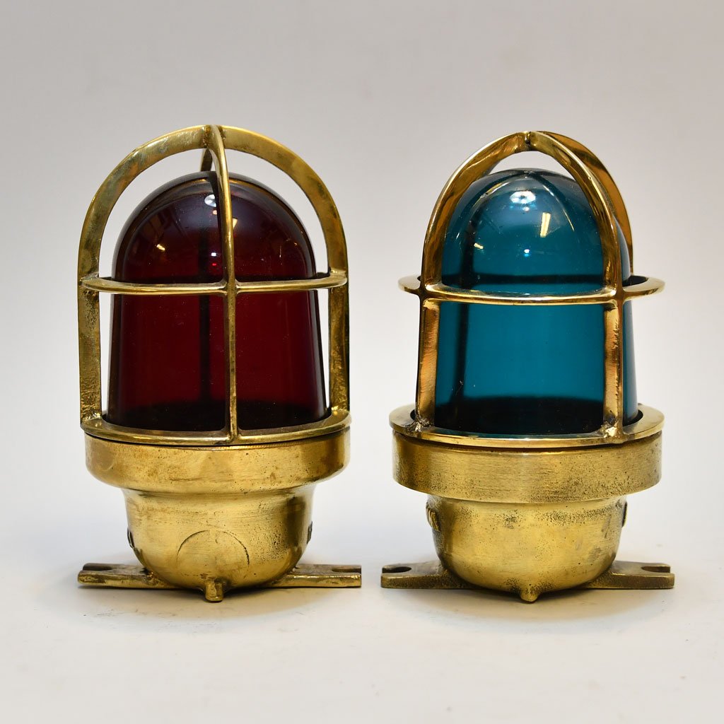 - DSC 4632 Authentic Vintage Pair Wiska Brass Industrial Sconce Lights Red and Green