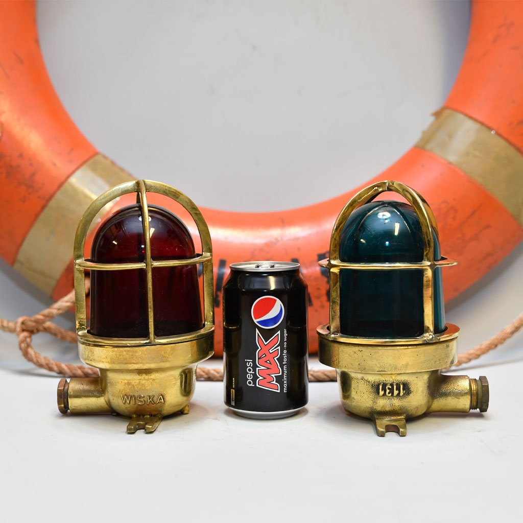 - DSC 4633 Authentic Vintage Pair Wiska Brass Industrial Sconce Lights Red and Green