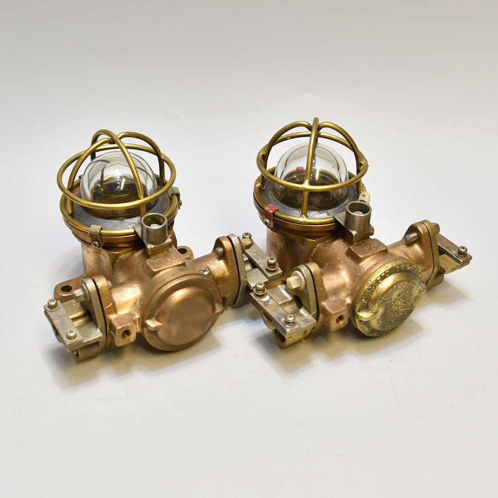 - DSC 4765 Pair of Authentic KOKSHA Brass Explosion Proof Lights – Vintage Ship Salvage
