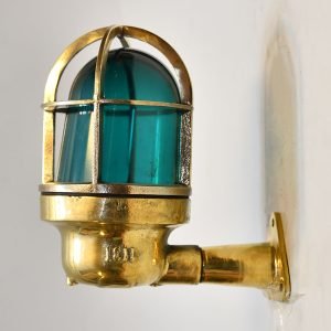 - DSC 4808 Vintage Brass Nautical Wall Light – Green Glass Cage
