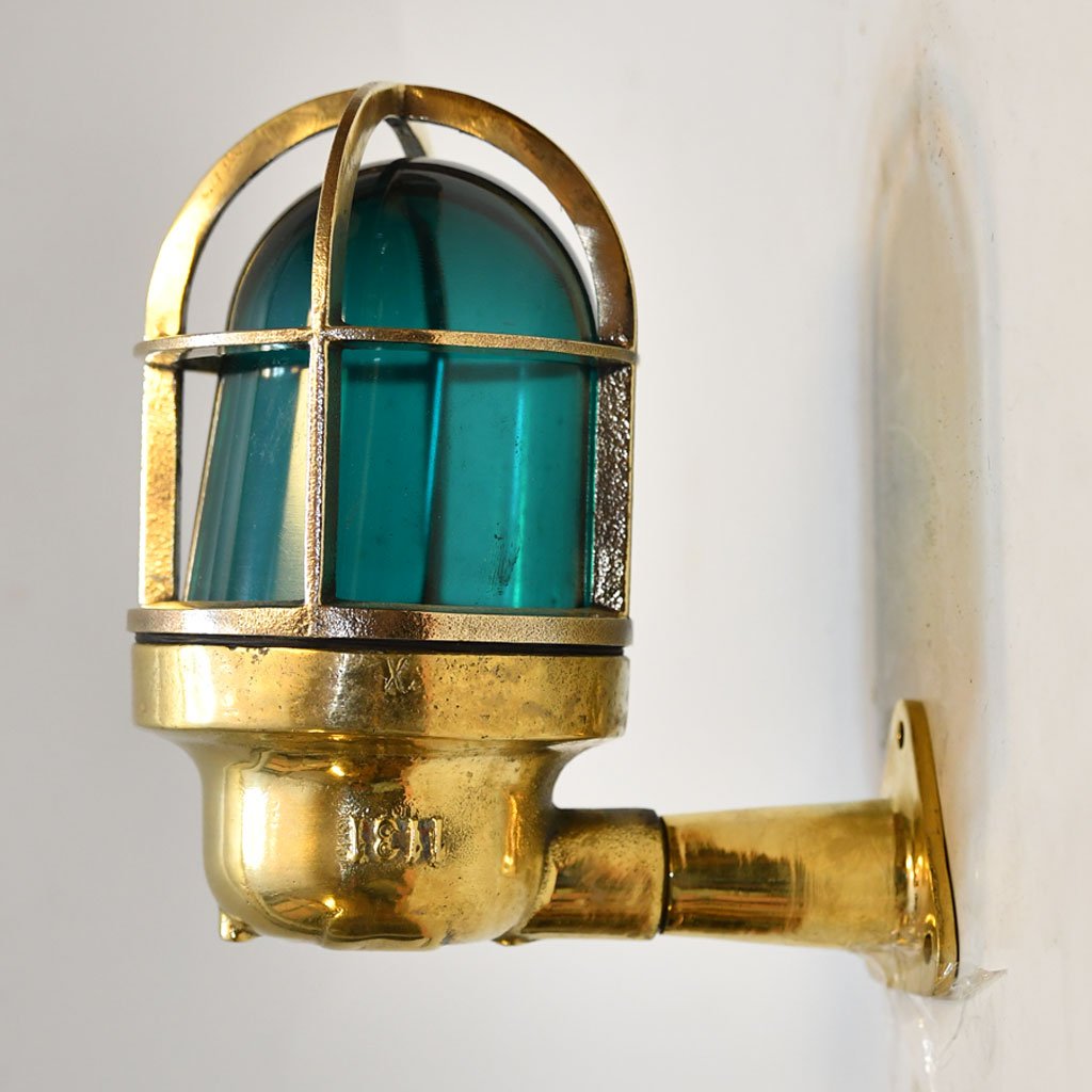 - DSC 4808 Vintage Brass Nautical Wall Light – Green Glass Cage