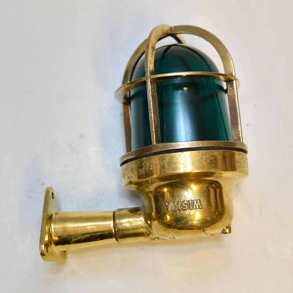 - DSC 4816 Vintage Brass Nautical Wall Light – Green Glass Cage