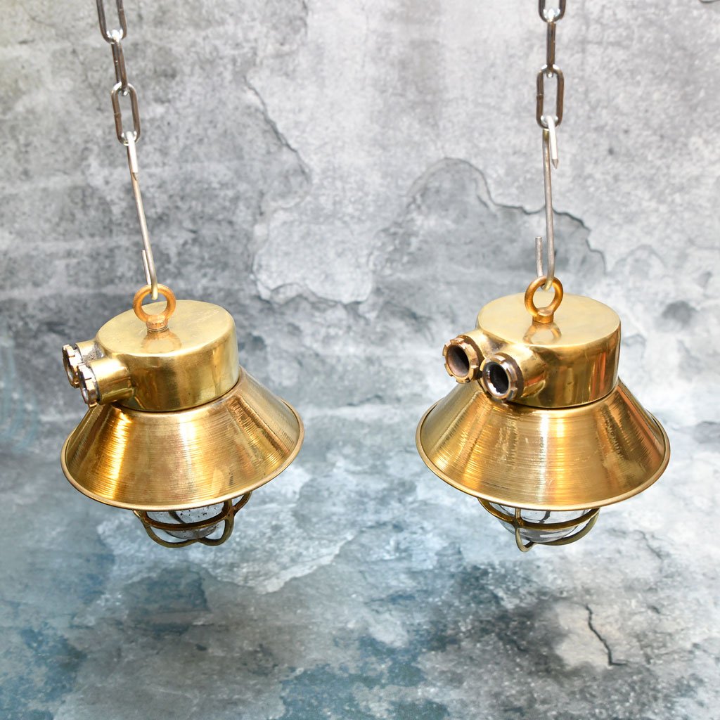 - DSC 5066 Authentic Vintage Pair Brass Nautical Cap Hanging Pendant Lights