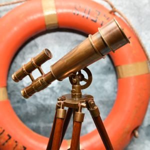 Vintage Brass Nautical Telescope with Wooden Tripod – Retro Maritime Decor