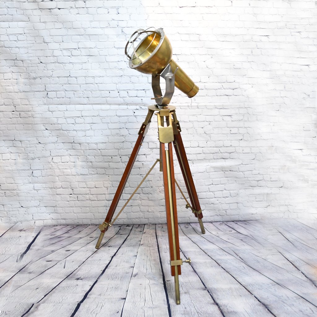 - DSC 7286 Vintage Brass Tripod Standing Spotlight – Nautical Floor Lamp