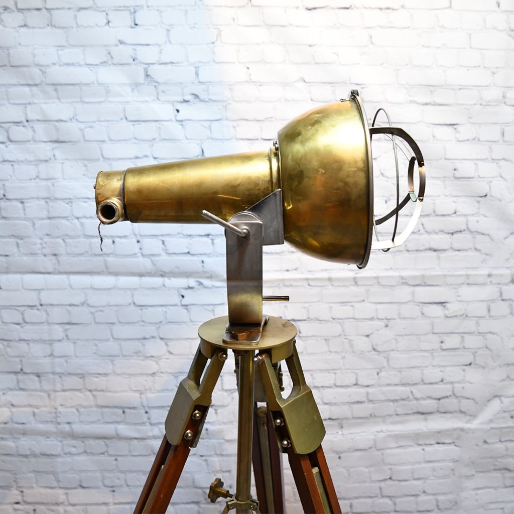 - DSC 7293 Vintage Brass Tripod Standing Spotlight – Nautical Floor Lamp