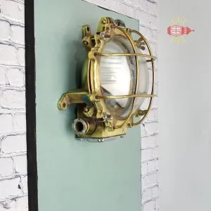 Vintage Brass Cage Bulkhead Wall Light Nautical