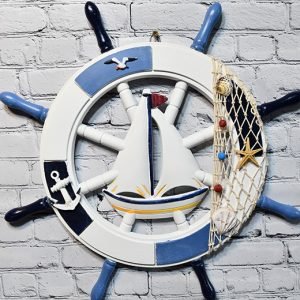 Nautical Ship Wheel with Sailboat and Net – Wooden Coastal Wall Decor