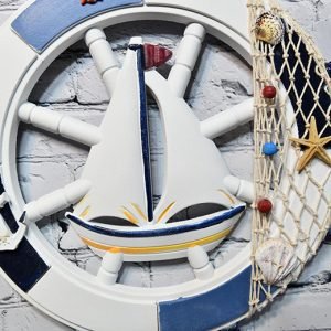 Nautical Ship Wheel with Sailboat and Net – Wooden Coastal Wall Decor