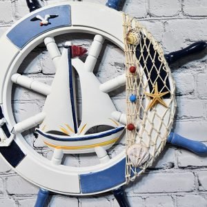Nautical Ship Wheel with Sailboat and Net – Wooden Coastal Wall Decor