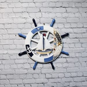 Nautical Ship Wheel with Sailboat and Net – Wooden Coastal Wall Decor