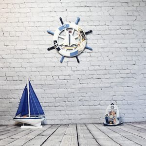 Nautical Ship Wheel with Sailboat and Net – Wooden Coastal Wall Decor