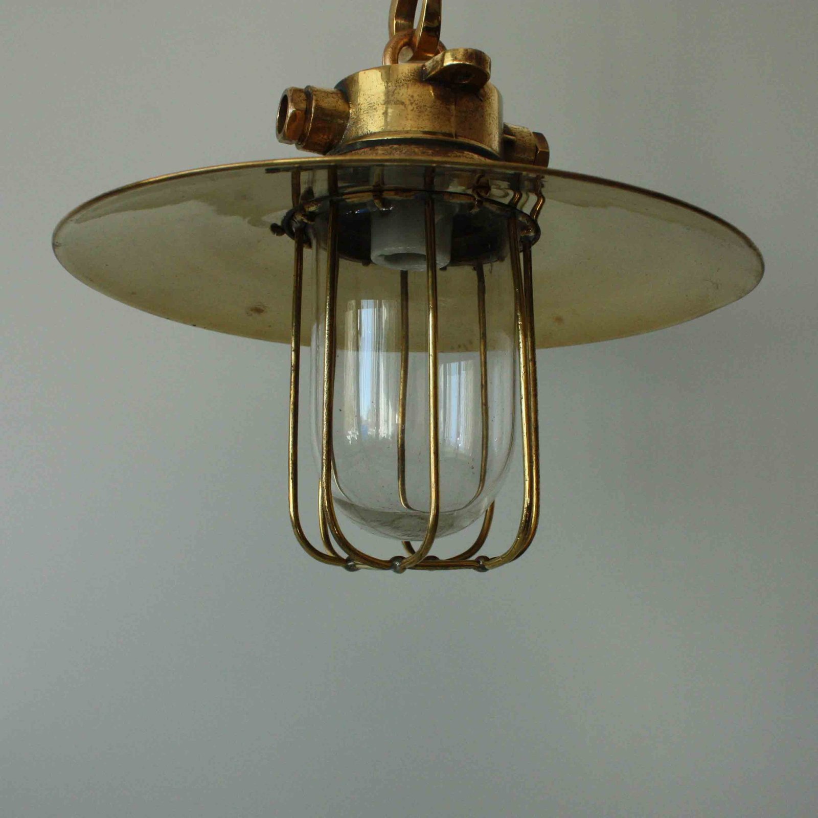 Brass Hanging Light With Copper - Deflector Cap