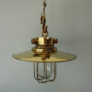 Brass Hanging Light With Copper Deflector Cap – Vintage Nautical Fixture