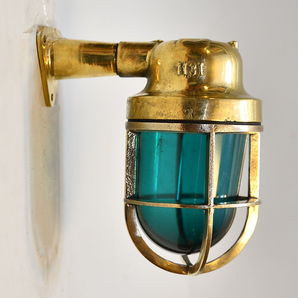 - cast brass wall light with arm green glass sl 000153 Vintage Brass Nautical Wall Light – Green Glass Cage