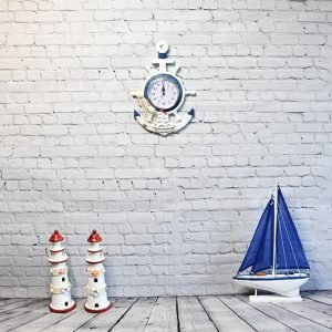 Mediterranean Style Handcrafted Nautical Anchor Shaped Wooden Wall Clock