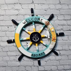 Handcrafted Wooden Welcome Aboard Nautical Ship Wheel Decor