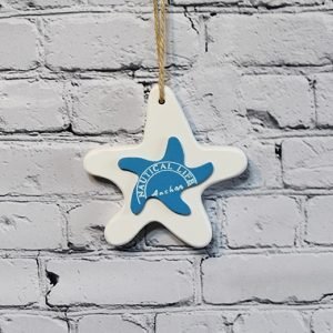 Nautical Starfish Hanging Ornament – Wooden Coastal Decor with Rope