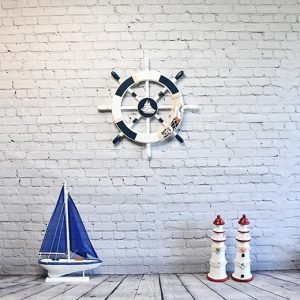 Handcrafted Wooden Nautical Ship Wheel Wall Decor with Rope and Net