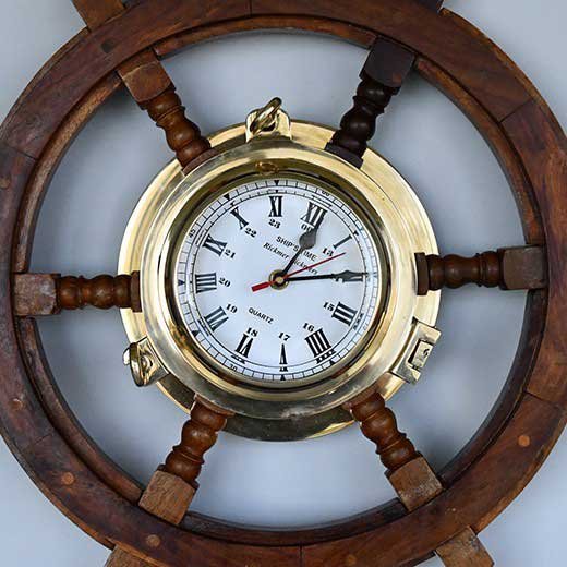 - vintage ships wheel wall clock wooden brass 0773 Vintage Ship Wheel Wall Clock Brass and Wood