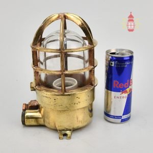 Vintage Heavy Brass Bulkhead Wall Light with Cage