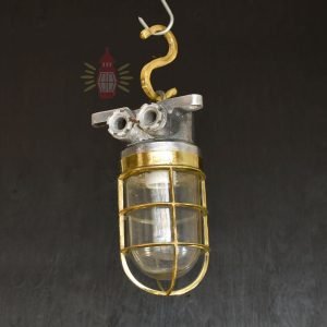 Authentic Vintage Aluminium Nautical Pendant Light with Brass Cage